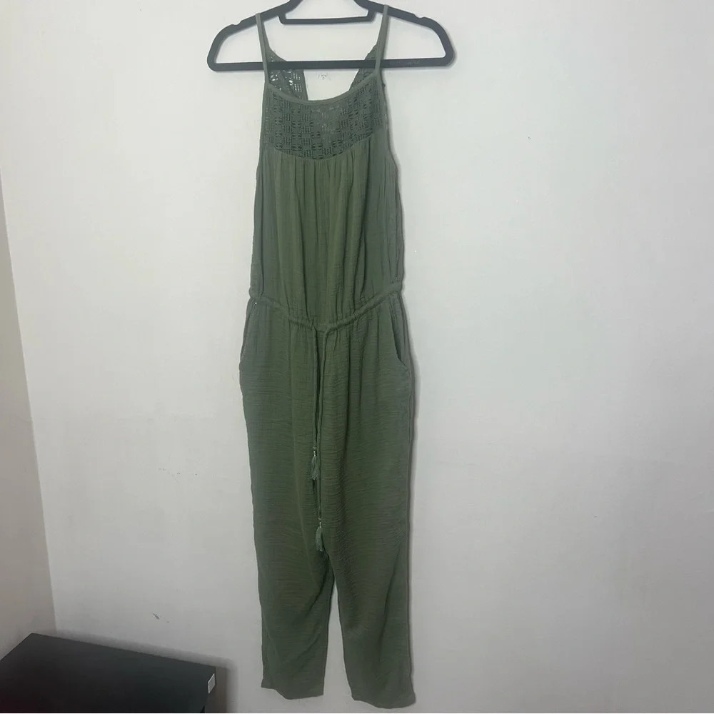 Sage green jumper with crocheted top and wide leg pants